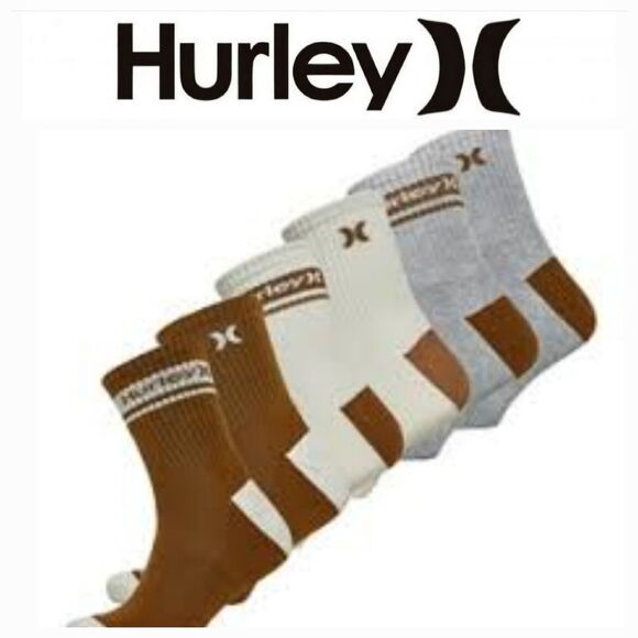 Hurley 6-PK 1/2 Terry High Quarter Crew Socks- Chocolate/Cream - Picture 1 of 7